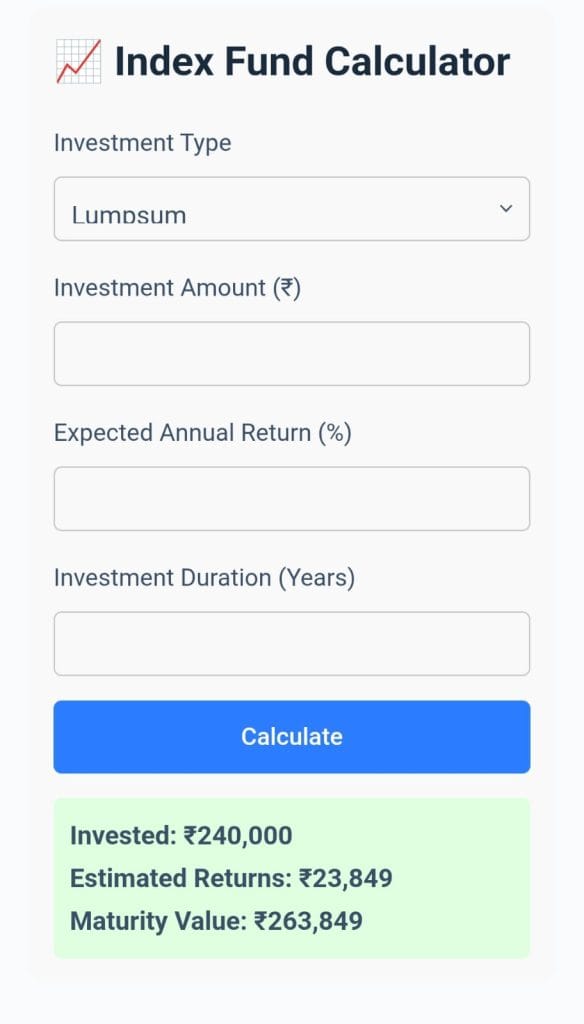 Clean interface of Index Fund Calculator by Zenvita Tools