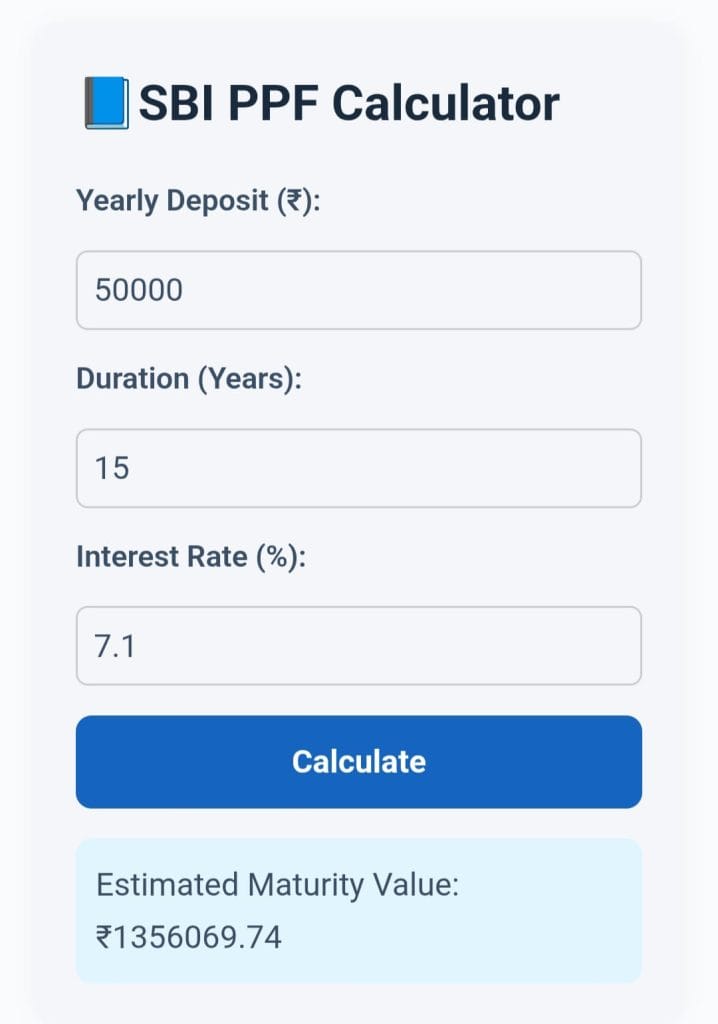 Screenshot of SBI PPF Calculator by Zenvita Tools