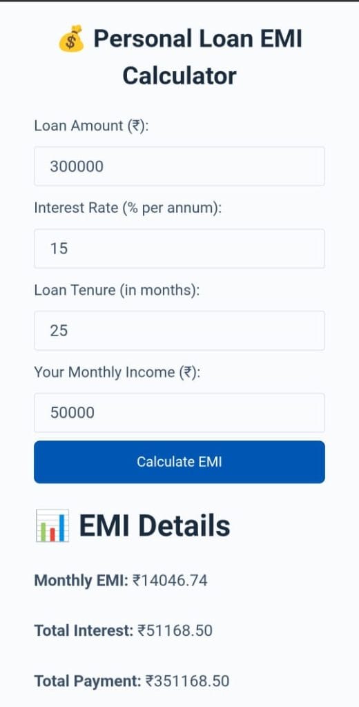Visual of Personal Loan EMI Calculator from Zenvita Tools