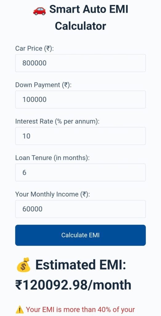Visual of Auto EMI Calculator from Zenvita Tools