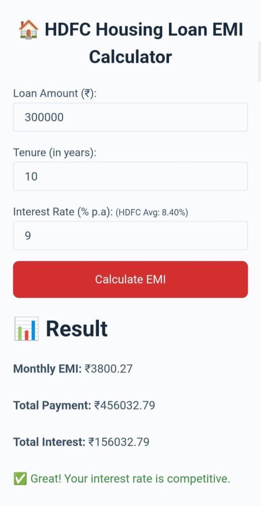 Visual of HDFC Housing Loan EMI Calculator from Zenvita Tools