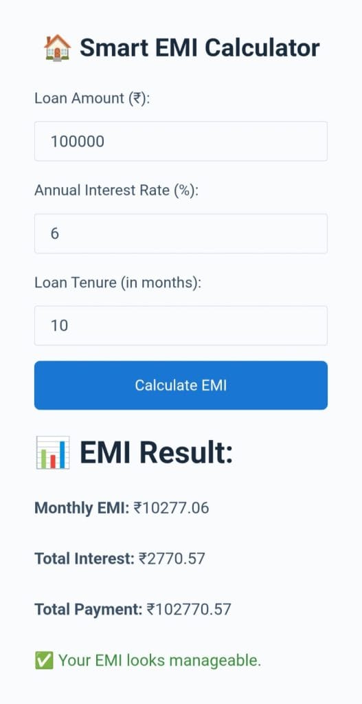 Visual of EMI Calculator from Zenvita Tools