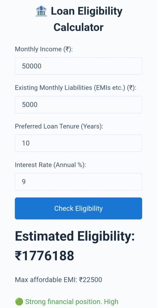 Visual of Loan Eligibility Calculator from Zenvita Tools