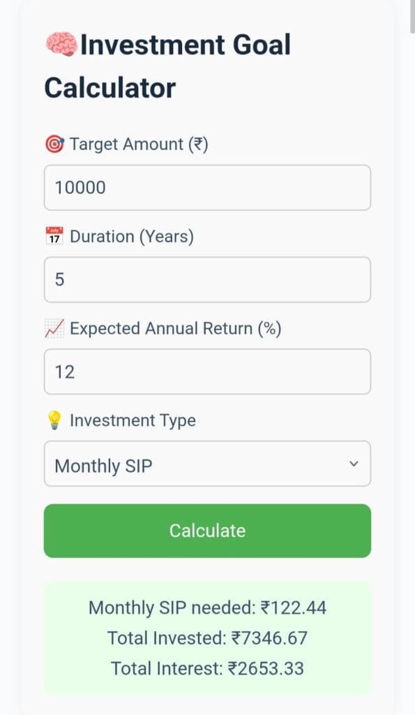 Visual of Investment Calculator from Zenvita Tools