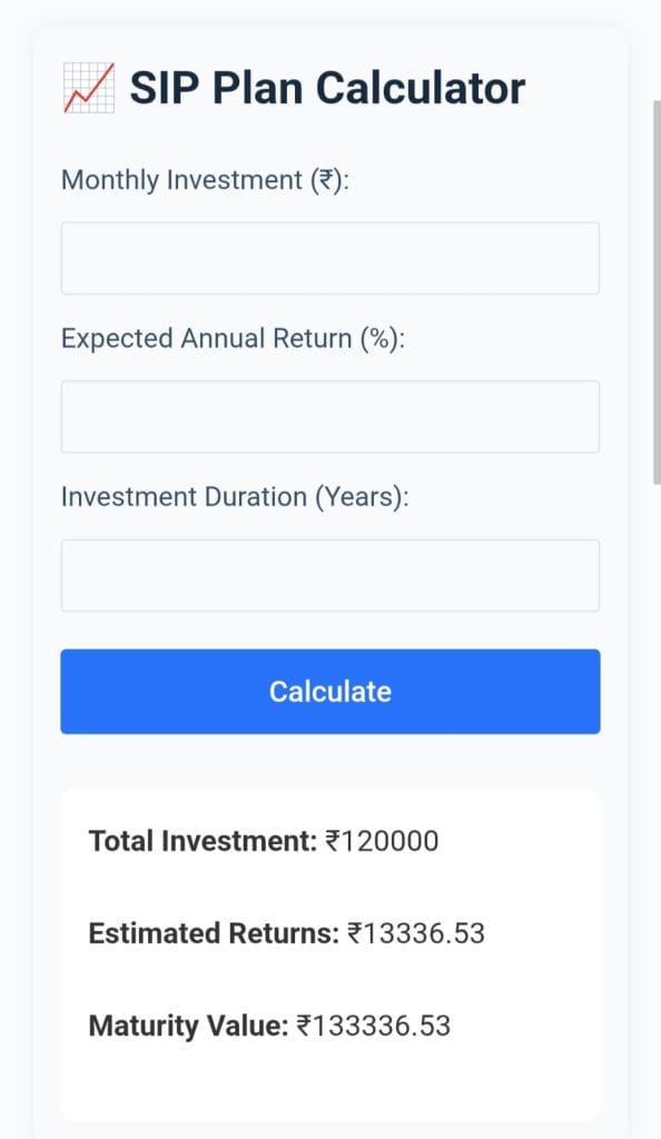 Visual of SIP Plan Calculator from Zenvita Tools