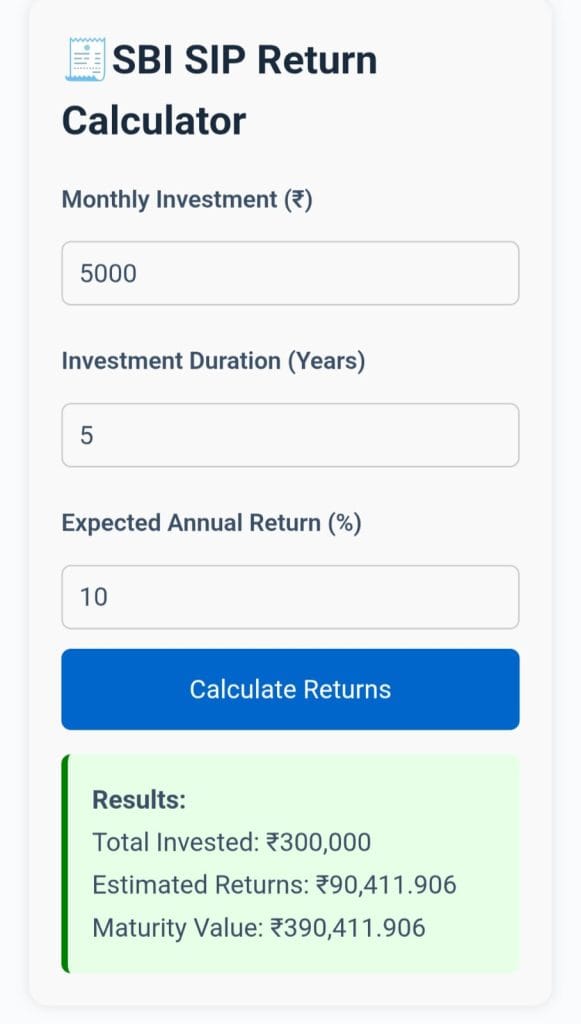 Visual of SBI SIP Return Calculator from Zenvita Tools